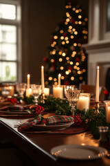 Wooden table is festively set for Christmas dinner with garland, candles and plaid napkins. Table setting for winter holidays