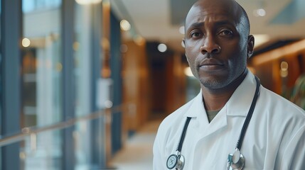 Fototapeta premium A doctor in his medical uniform standing confidently in the hospital lobby, embodying professionalism and dedication to patient care