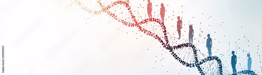 Poster an artistic interpretation of a dna strand with fading human silhouettes, symbolizing the transferen