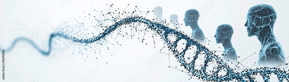 Poster an artistic interpretation of a dna strand with fading human silhouettes, symbolizing the transferen