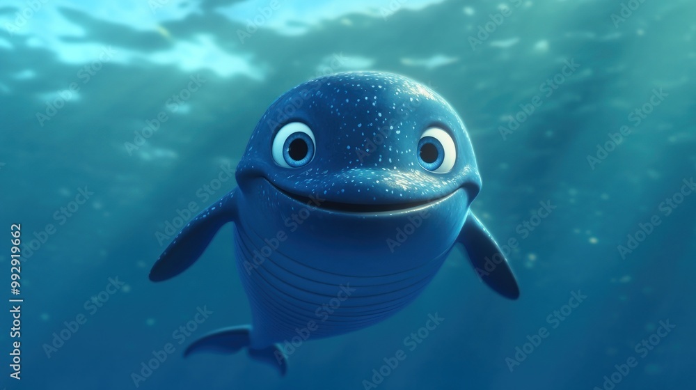 Poster a cheerful animated whale character smiling underwater, showcasing a friendly demeanor.