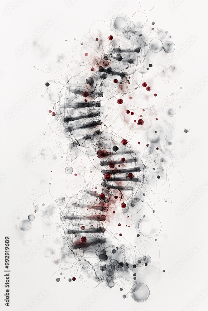 Poster an abstract image of human dna entangled with oocytes, representing the impact of generational traum