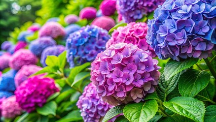 A stunning hydrangea bush bursts with vibrant colors in the garden, surrounded by lush green leaves, showcasing