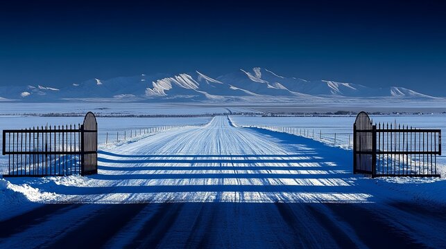 A snowy road lined with tall, black gates leads toward a mountain range in the distance, casting long shadows on the pristine white surface.