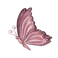 Butterfly flytering dark bordo with ornament on wings. Hand drawn watercolor illustration isolated. Exotic tropical wild insect. Flying spring bug. Clipart for card, sticker, embroidery, scrapbooking.