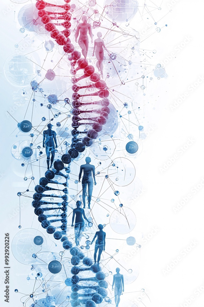 Aufkleber a digital illustration of a dna helix intertwined with human figures and oocytes, representing gener
