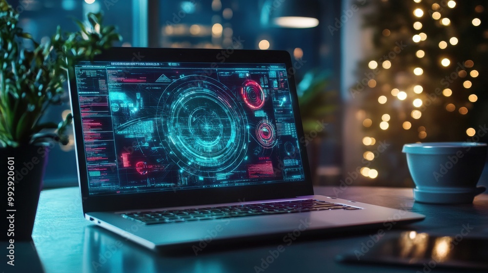 Poster a laptop computer with interface. the screen is lit up with a blue and red display