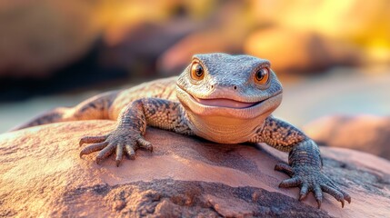 Fototapeta premium A close-up of a lizard resting on a rock in a natural setting.