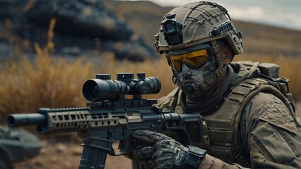 Fototapeta premium A cyborg soldier fighting in a warzone movie story seen trail cam footage, rear view, wide angle shot, a striking contrast against the soft, blurred background 
