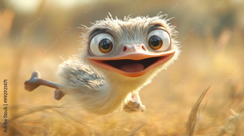 Poster a cheerful, animated bird character joyfully running through a grassy field.