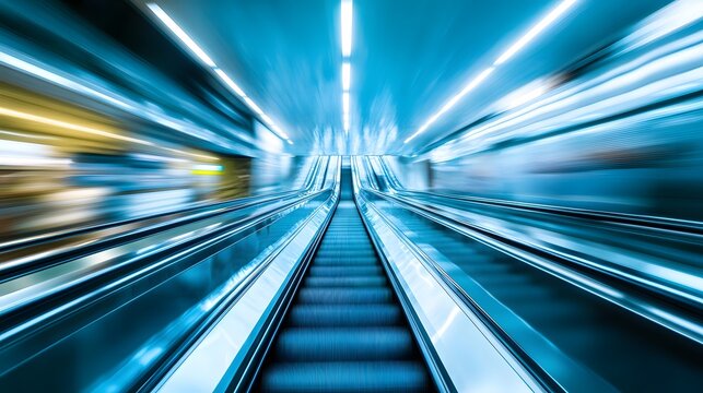 blurred background metro escalator / light blue background movement city infrastructure subway. 