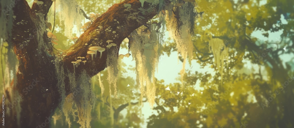 Poster artwork depicting a tree adorned with hanging beard lichens and moss set against a blurred backdrop 