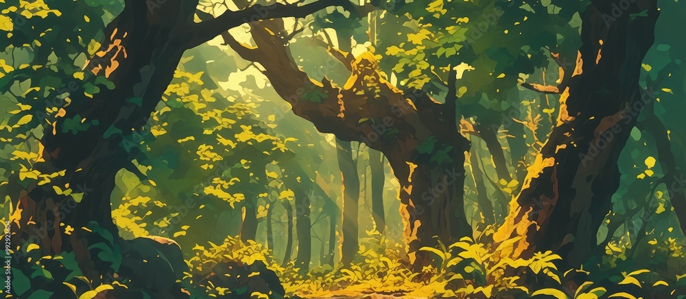Poster artwork depicting branches and leaves of trees in a forest setting