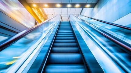 Obraz premium blurred background metro escalator / light blue background movement city infrastructure subway. 