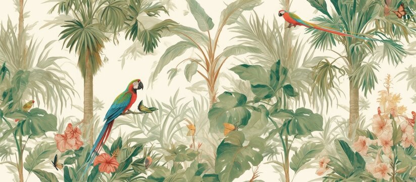 Tropical forest pattern wallpaper featuring palm trees plants birds butterflies and a pink macaw parrot against a beige backdrop