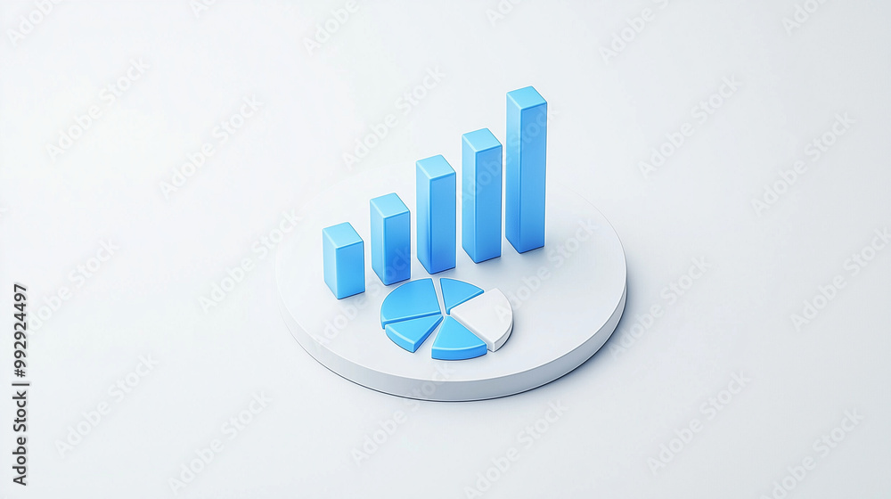 Poster blue sky growth: a minimalist 3d rendering of a bar chart and a pie chart, symbolizing upward growth