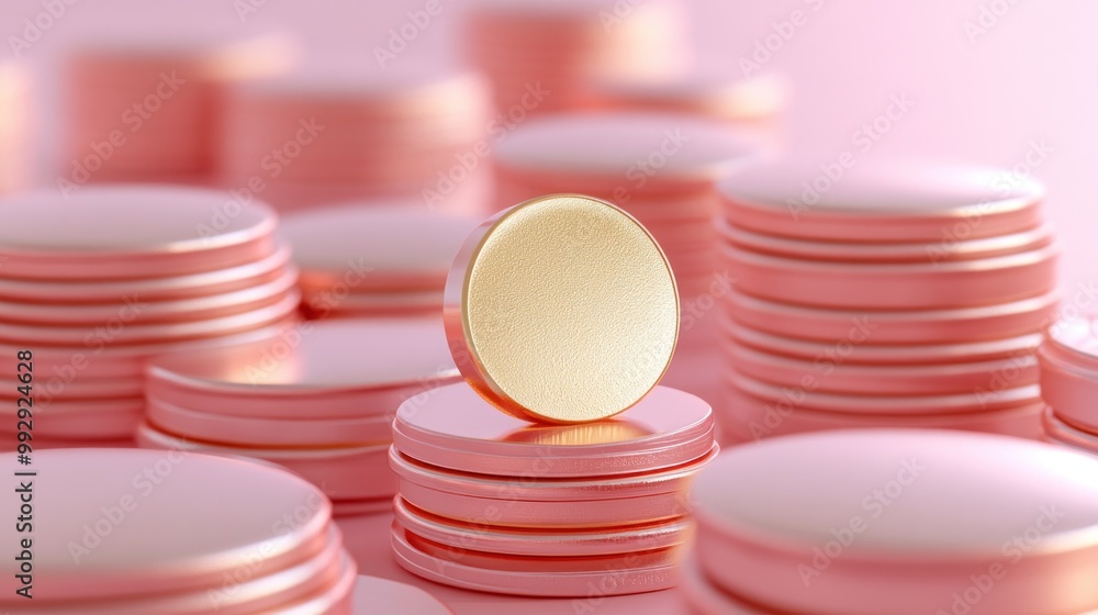 Poster a stack of pink coins with one golden coin highlighted in the foreground.