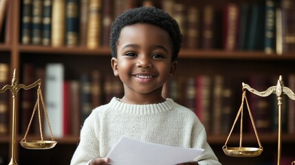 Cute dark skinned child smiling and holding court paper on table scales