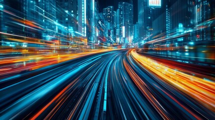 Fototapeta premium High-speed technology dominates the cityscape, its abstract glow illuminating the night. A vision of futuristic urban landscapes, showcasing the rapid advancement of modern advancements. 