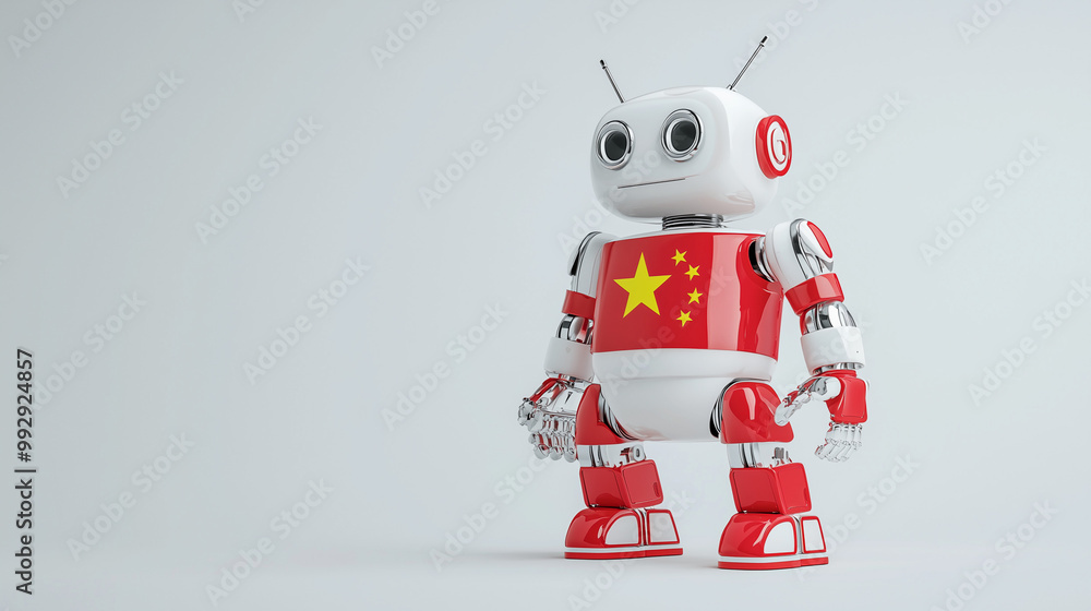 Aufkleber chinese robot: a friendly, futuristic robot with a red and yellow chinese flag on its chest, ready f
