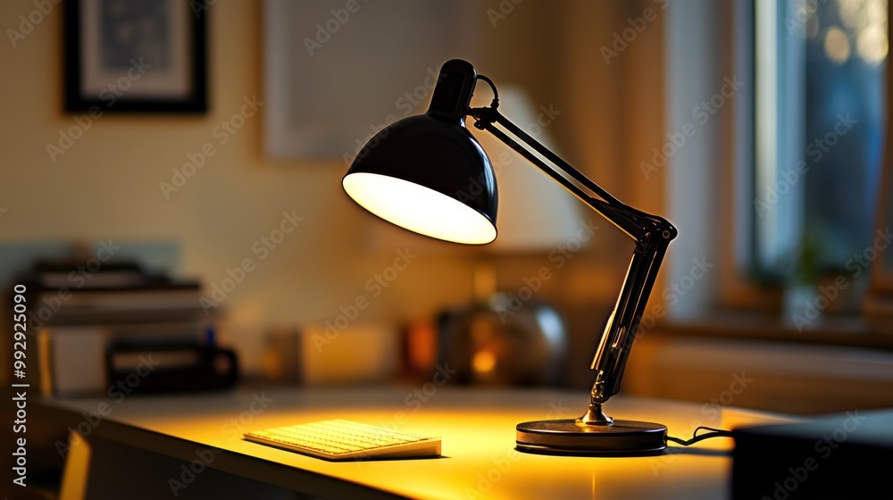 Aufkleber a desk lamp illuminates a workspace with a keyboard, creating a warm, inviting atmosphere.