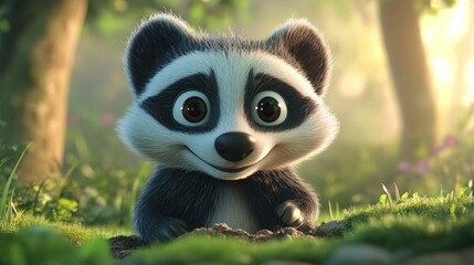 Fototapeta premium A cute cartoon raccoon smiling in a sunlit forest setting.
