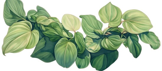 Obraz premium Painting of Homalomena leaves featuring green foliage and white stems isolated on a white background with a clipping path