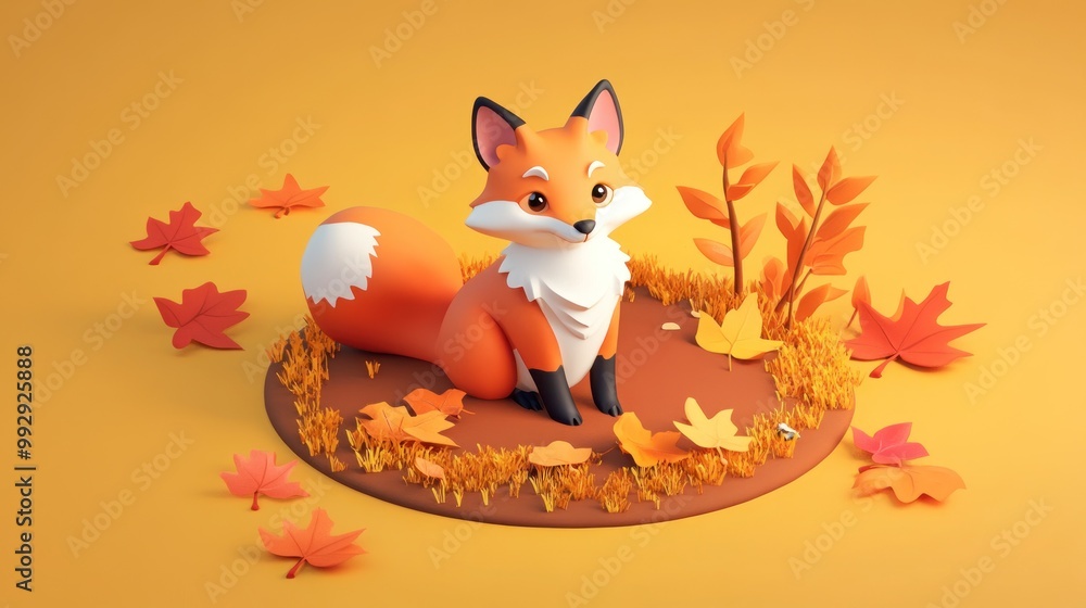 Wall mural A cute, stylized fox surrounded by autumn leaves on a vibrant orange background.