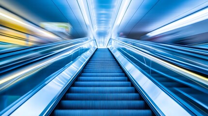 Obraz premium blurred background metro escalator / light blue background movement city infrastructure subway. 