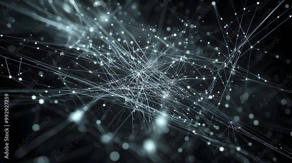 Poster abstract interconnected network of white lines and glowing points on a black background