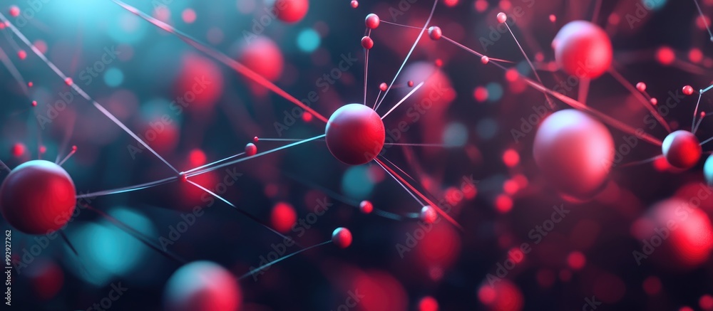 Poster abstract composition featuring wires and spheres illuminated by red and blue lighting 3d rendering