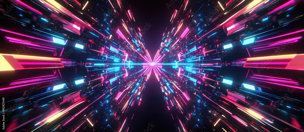 Poster 3d render of an abstract background featuring symmetrical kaleidoscopic structures illuminated by mu