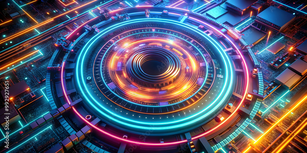 Poster neon circuitry: an abstract digital art illustration of a futuristic motherboard with glowing neon l