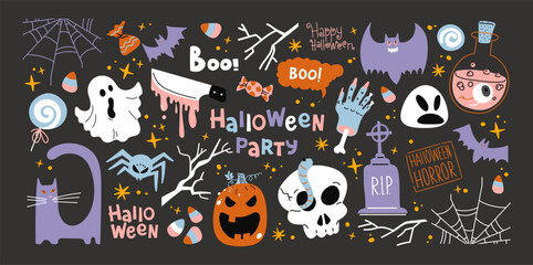 Halloween stickers and scary magic in cartoon style 90s. Vintage witchcraft shapes: skull, pumpkin, witch, ghosts, eye, potion. Spooky scary groovy patches set.