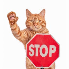 Red cat shows a stop sign
