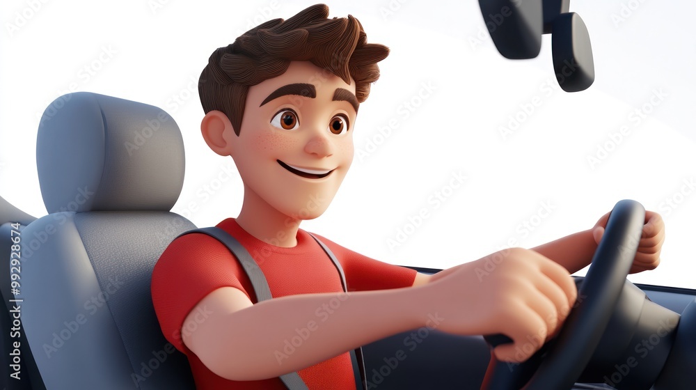 Canvas Prints A cheerful animated character driving a car, showcasing excitement and adventure.