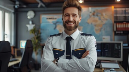 Fototapeta premium Happy travel agent wearing his professional uniform, standing in his workspace with a bright smile, representing expertise and dedication to customer service