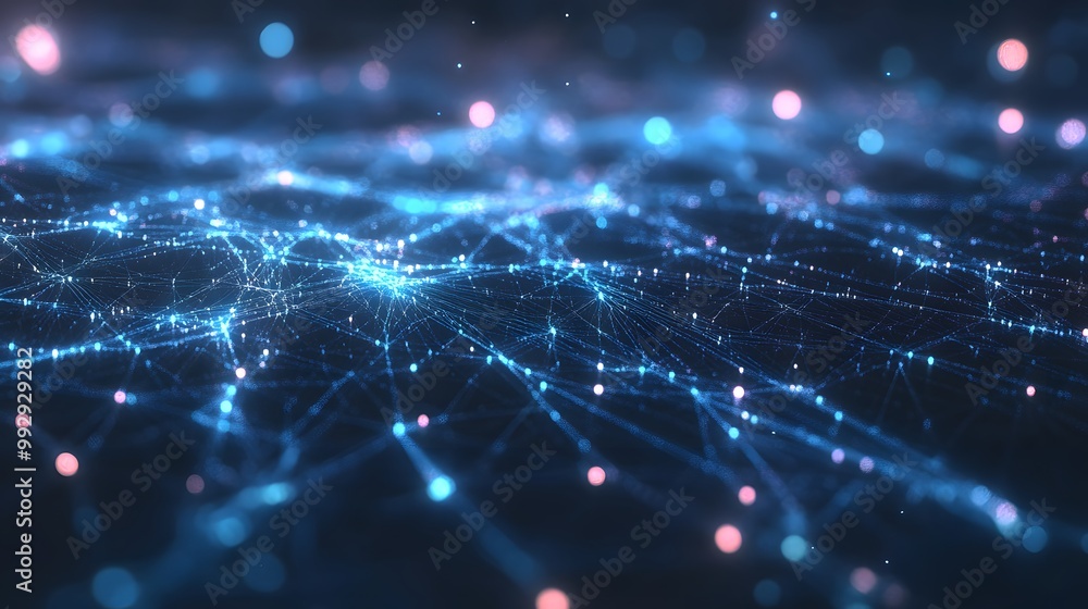 Poster abstract blue network with glowing points and lines
