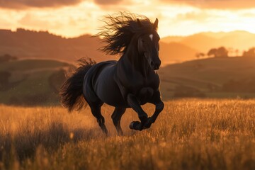 Realistic photo of a galloping Friesian horse at sunset, showcasing its power and grace in detailed splendor