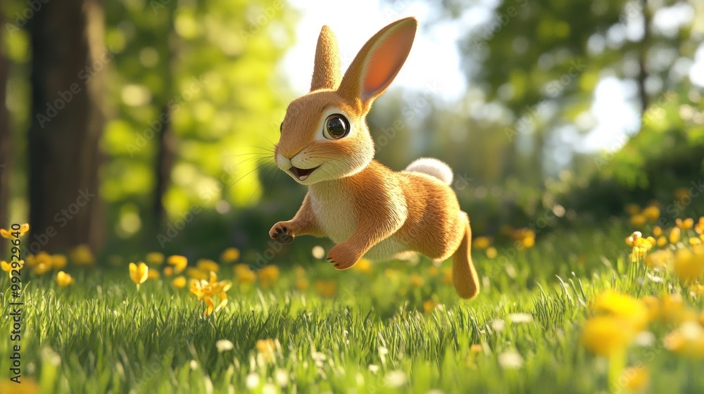 Poster A cute, animated rabbit joyfully hopping through a sunny, flower-filled meadow.