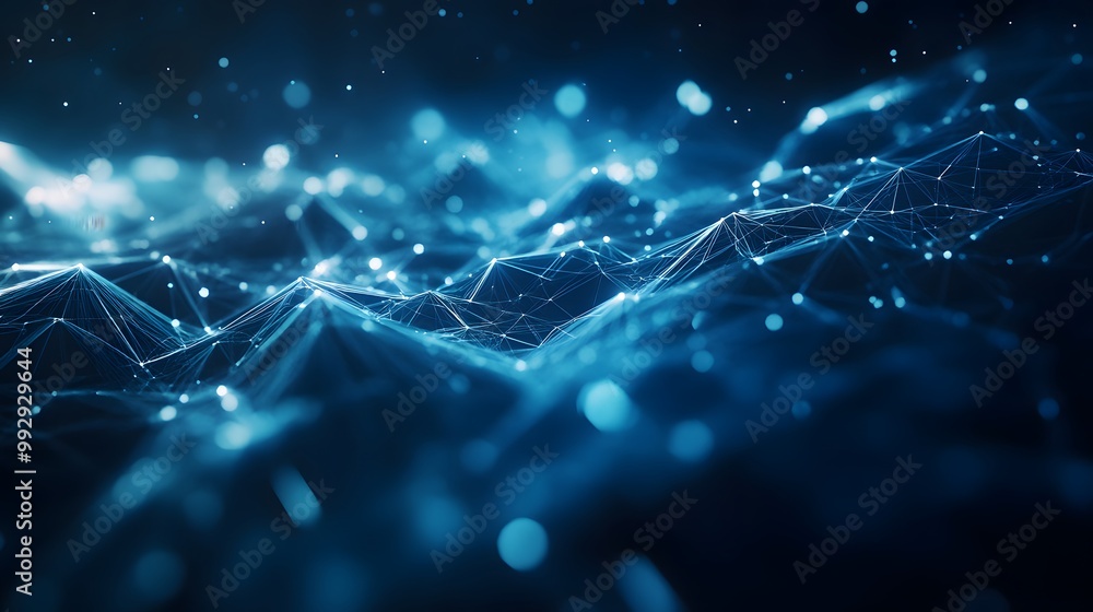 Poster abstract blue network with glowing nodes and lines