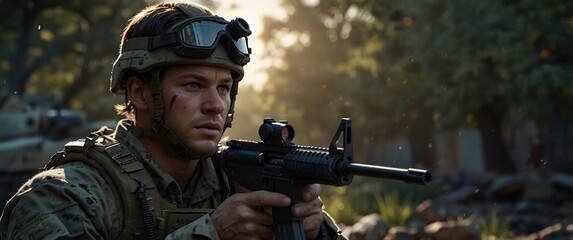 Fototapeta premium A cyborg soldier fighting in a warzone movie story seen trail cam footage, rear view, wide angle shot, a striking contrast against the soft, blurred background 