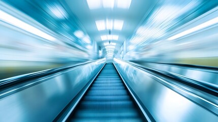 Obraz premium blurred background metro escalator / light blue background movement city infrastructure subway. 
