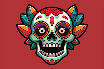 This vibrant Mexican skull design features exaggerated elements, perfect for custom artwork and decorations, Customizable Mexican skull illustration with exaggerated features.