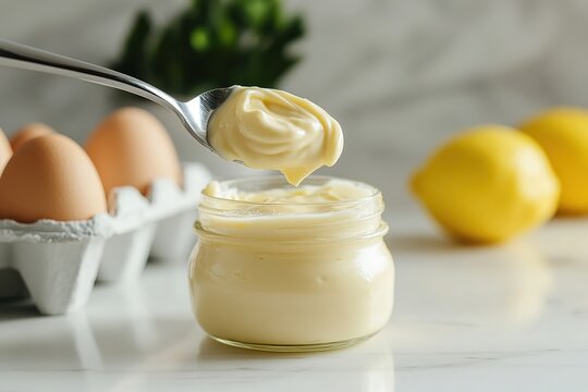 Homemade mayonnaise in a glass jar with a spoon, fresh eggs in a carton, and lemons on a white kitchen surface