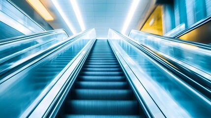 Obraz premium blurred background metro escalator / light blue background movement city infrastructure subway. 