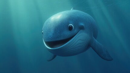 Naklejka premium A friendly animated whale swimming in a serene underwater environment.