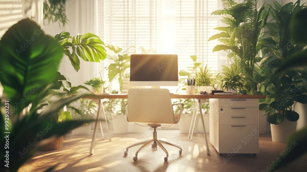 Poster A bright, plant-filled home office with a desk, computer, and natural light.