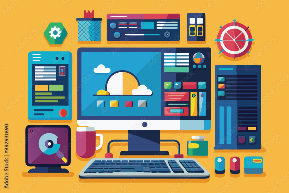 Poster a modern desktop computer setup showcases a colorful interface with various customizable options ava