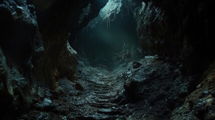 Narrow, Winding Cave Tunnel with Sharp Rocks and Jagged Edges, Illuminated by Glowing Minerals Embedded in the Walls